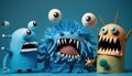 Easy creative crafts for children. Funny monsters from paper and plasticine on a blue background, Generative Ai