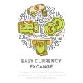 Easy currency excange in travel icon concept. Vector hand draw cartoon icon about money, coins, atm and credit card Royalty Free Stock Photo