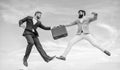 Easy deal business. Businessmen jump fly mid air while hold briefcase. Case with raise your business. Successful