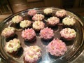 Easy and Delicious party Finger food, lovely sweet cup cake decorate with glitter gold ball on the tray