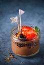 Easy dessert, chocolate cheesecake mousse with strawberries decorated with mint leaves. On a dark gray blue surface, copy space. Royalty Free Stock Photo