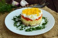 Easy Diet salad layers in the shape of a circle (tuna in oil, boiled potatoes, carrots, eggs).