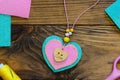 Easy felt heart pendant necklace. Valentines day felt pendant necklace with beads and wooden button. Kids creative workplace