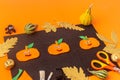Easy felt pumpkin decoration. Halloween pumpkin idea made with felt. Kids craft autumn concept at
