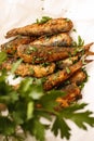 Easy fried marinated Herring fish on white dish Royalty Free Stock Photo