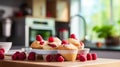 Easy homemade raspberry muffins on blurred background with copy space for text placement. Royalty Free Stock Photo