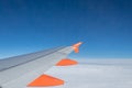 Easy-jet airplane wing view on air blue sky clouds