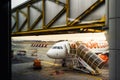 Easy Jet company airplane and boarding stairs, preparations before flight in Malpensa Airport