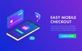 Phone and Bank card Isometric 3D concept image easy payment flat design template, landing page, header and banner.