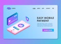 Easy mobile payment isometric 3d web template for landing page or banner. Smartphone safe, secure and easy e-payments