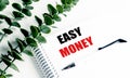 Easy money phrase on white spiral notebook with pen and eucalyptus branches on bright background Royalty Free Stock Photo