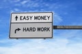 Easy money versus hard work. White two arrow road sign on metal pole Royalty Free Stock Photo