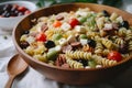 Easy Pasta Salad tomatoes, fresh mozzarella, spicy salami with Italian dressing. Ai generated