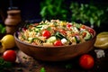 Easy pasta salad,tossed in tangy, filled with veggies, zingy lemon dressing, feta, chickpeas, herbs. Close-up