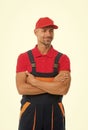 Easy and quick. Handyman service. Man helpful laborer. Repair and renovation. Guy worker uniform. Builder regular worker Royalty Free Stock Photo