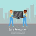 Easy relocation, poster lettering, company backround information, moving service, design cartoon style vector