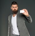 Easy shopping. Credit card gives you freedom and confidence. Man bearded hipster hold plastic blank card. Banking and Royalty Free Stock Photo