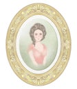 Watercolor and lead pencil drawing with young brunette girl in golden oval frame Royalty Free Stock Photo
