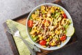 Easy taco salad is made with seasoned ground beef, crisp lettuce, vegetables, cheese and flavorful toppings closeup on the plate.