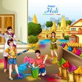 Vector illustration of Indian people playing colorful Happy Hoil background for festival of colors in India Royalty Free Stock Photo