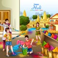 Vector illustration of Indian people playing colorful Happy Hoil background for festival of colors in India