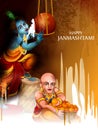 Lord Krishna eating makhan cream on Happy Janmashtami holiday Indian festival greeting background