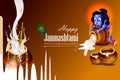 Lord Krishna eating makhan cream on Happy Janmashtami holiday Indian festival greeting background