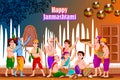 Lord Krishna eating makhan cream on Happy Janmashtami holiday Indian festival greeting background