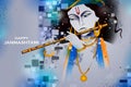 Lord Krishna playing flute on Happy Janmashtami holiday Indian festival greeting background