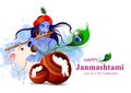 Lord Krishna playing flute on Happy Janmashtami holiday Indian festival greeting background Royalty Free Stock Photo