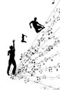 Easy to edit vector illustration of wavy musical notes with dancer