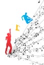 Easy to edit vector illustration of wavy musical notes with dancer