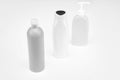 Easy to use. Toiletry bottles. Refillable bottles isolated on white. Beauty products packaging