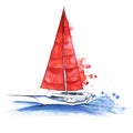 Easy walking white abstract yacht sailboat with red sails sailing in the drift water. Boat at sea. Hand-drawn watercolor Royalty Free Stock Photo