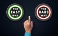 The Easy way or the Hard Way Button. Confused Human hand making a Hard Choice between Easy way button and Hard way Button. 3D Royalty Free Stock Photo