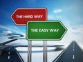 Easy and hard way signboards with curved and straight roads. 3D illustration