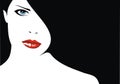 Easy woman face with red lips and black hair