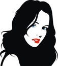 Easy woman face with red lips and black hair