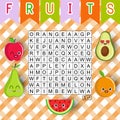 Easy word search puzzle about fruits. Educational game for learning English words. Kawaii crossword for kids