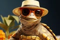 Easygoing turtle, straw hat, shades accentuate its charming, relaxed demeanor