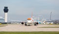 Easyjet Airbus A320-214 `Spirit of Manchester` preparing to take off at Manchester Airport Royalty Free Stock Photo