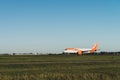 EasyJet airplane is ready to take off from the runway, Airbus A320, runway Polderbaan