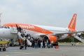 Easyjet boeing boarding and ready for departure at Berlin Shonfeld airport, Germany.
