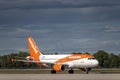 EasyJet Europe Airbus A319-111 with the aircraft registration OE-LKA .is taxiing for take off on the northern runway 08L of Munich Royalty Free Stock Photo