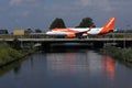 Easyjet plane doing taxi on the bridge Royalty Free Stock Photo