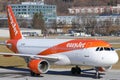 Easyjet plane taxiings in Innsbruck Airport, INN, mountains
