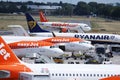 Easyjet and Ryanair planes on apron Royalty Free Stock Photo