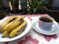 Eat Boiled Uli Bananas and Drink Bitter Coffee During The Day in Rawalumbu of Bekasi, Indonesia