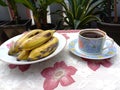 Eat Boiled Uli Bananas and Drink Bitter Coffee During The Day in Rawalumbu of Bekasi, Indonesia