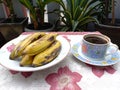 Eat Boiled Uli Bananas and Drink Bitter Coffee During the Day in Rawalumbu of Bekasi, Indonesia